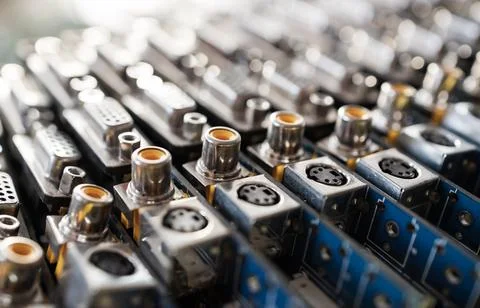Close-up blurry metal sockets on a computer video board Foto stock