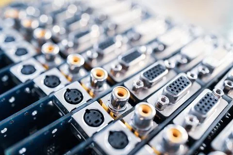 Close-up blurry metal sockets on a computer video board Stock Photos
