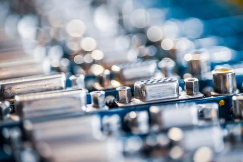 Close-up blurry metal sockets on a computer video board Stock Photos