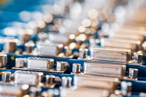 Close-up blurry metal sockets on a computer video board Stock Photos