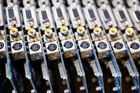 Close-up blurry metal sockets on a computer video board Foto stock