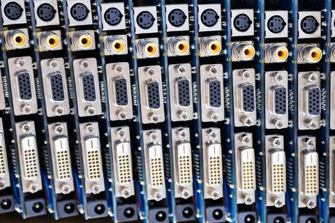 Close-up blurry metal sockets on a computer video board Stock Photos