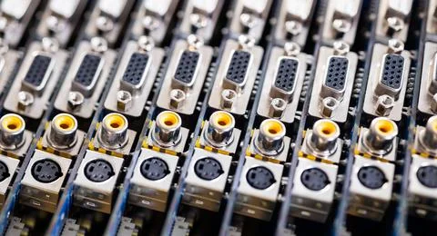Close-up blurry metal sockets on a computer video board Stock Photos
