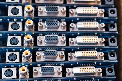 Close-up blurry metal sockets on a computer video board 스톡 사진