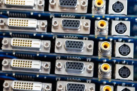 Close-up blurry metal sockets on a computer video board 스톡 사진