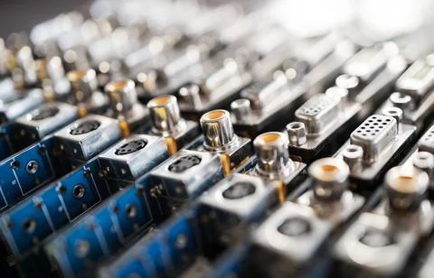 Close-up blurry metal sockets on a computer video board Foto stock