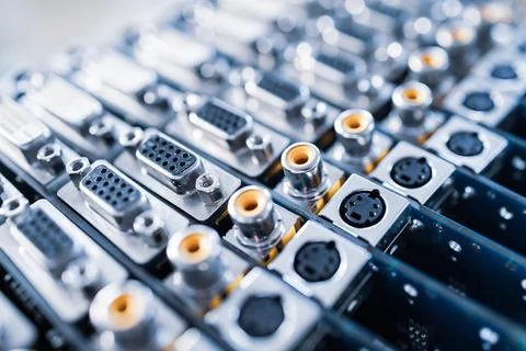 Close-up blurry metal sockets on a computer video board Stock Photos