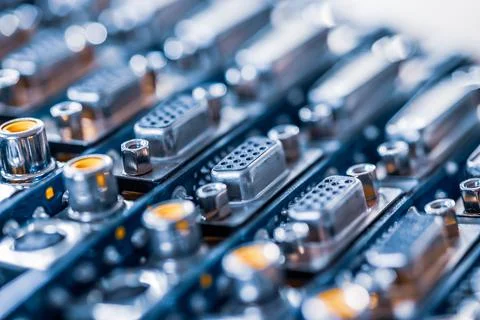 Close-up blurry metal sockets on a computer video board Stock-Fotos
