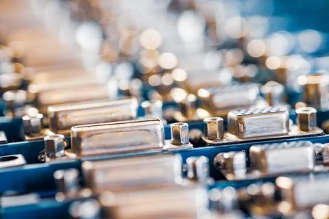 Close-up blurry metal sockets on a computer video board 스톡 사진