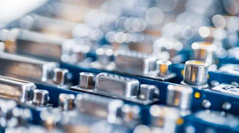Close-up blurry metal sockets on a computer video board Foto stock