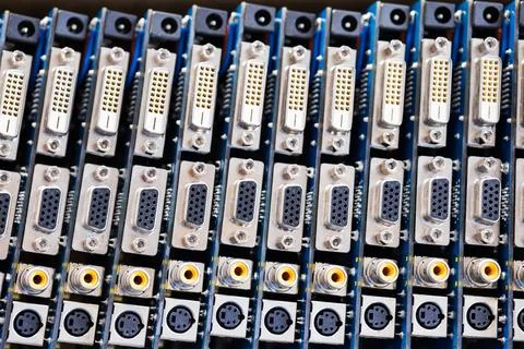 Close-up blurry metal sockets on a computer video board Stock Photos