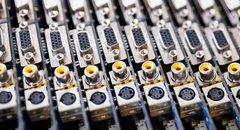 Close-up blurry metal sockets on a computer video board Foto stock