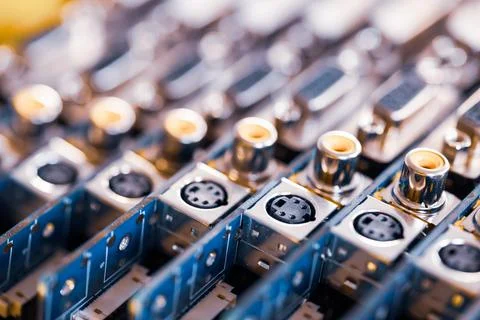 Close-up blurry metal sockets on a computer video board Foto stock