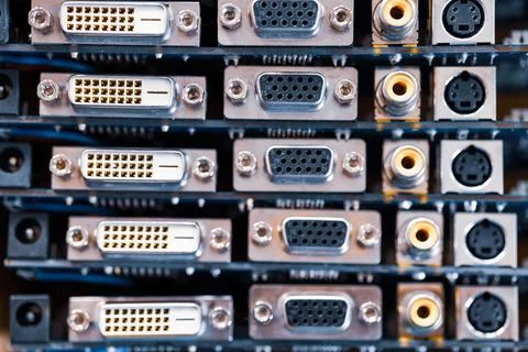 Close-up blurry metal sockets on a computer video board Stock Photos