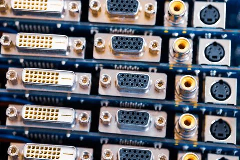 Close-up blurry metal sockets on a computer video board Stock Photos
