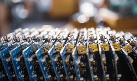 Close-up blurry metal sockets on a computer video board Stock-Fotos