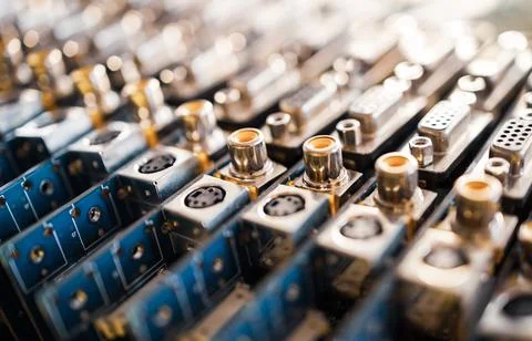 Close-up blurry metal sockets on a computer video board Stock Photos