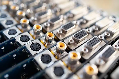 Close-up blurry metal sockets on a computer video board Foto stock