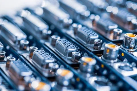 Close-up blurry metal sockets on a computer video board Foto stock