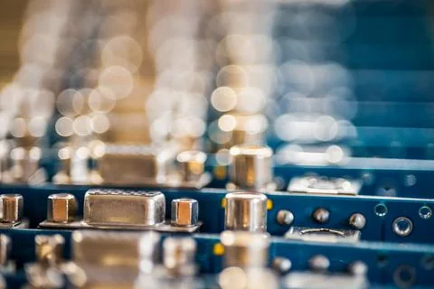 Close-up blurry metal sockets on a computer video board Stock Photos