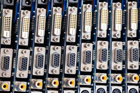 Close-up blurry metal sockets on a computer video board Stock Photos