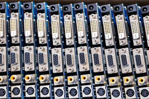 Close-up blurry metal sockets on a computer video board Stock Photos