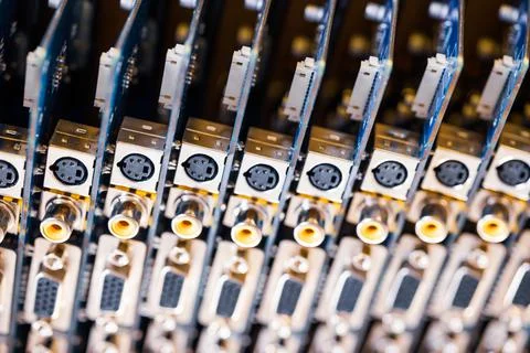 Close-up blurry metal sockets on a computer video board Stock Photos