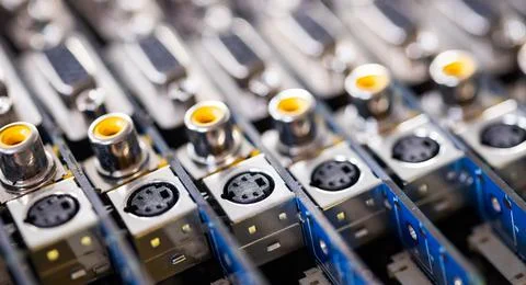 Close-up blurry metal sockets on a computer video board Foto stock