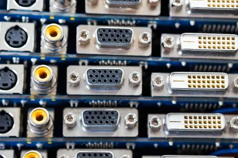 Close-up blurry metal sockets on a computer video board Stock Photos