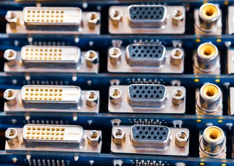 Close-up blurry metal sockets on a computer video board Stock-Fotos