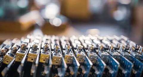 Close-up blurry metal sockets on a computer video board Stock Photos