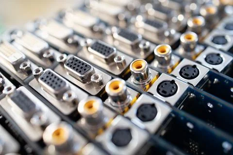 Close-up blurry metal sockets on a computer video board Foto stock