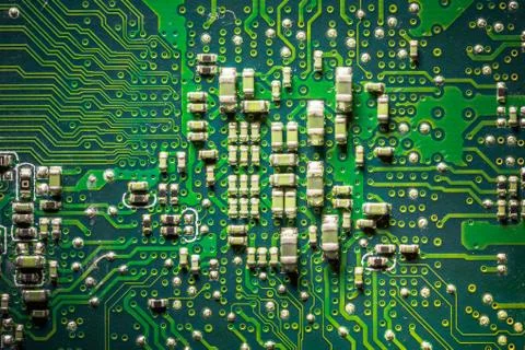 Close-up board with micro chips from an electrical appliance or computer Foto stock