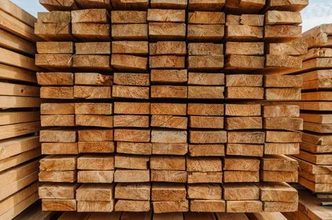 Close up board pine stack building materials high parallel folded dry building Stock Photos