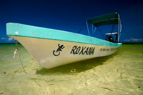Close up of a boat in the blue laggon sian kaan Stock Photos