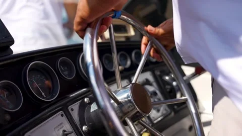 Close up of boat captain steering wheel on motor yacht Stock Footage 330763907