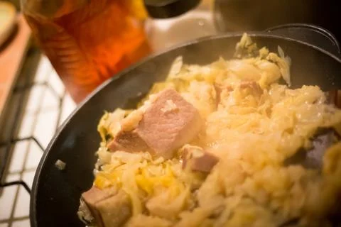 Close up boiled cabbage with pork ham in a dish Stock Photos