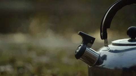 Close up of Boiling kettle on the fire outdoor Stock Footage 129274700