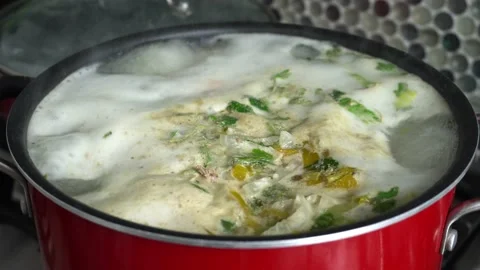 Close-up of a boiling pot cooking soup from home at daytime in 4k Stock Footage 181771641