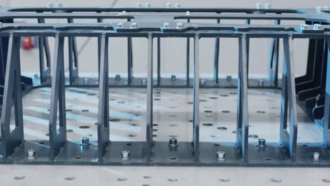Close-up of bolted metal rib structure on industrial testing platform Stockbeeldmateriaal 156050222