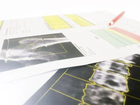 Close up Bone Density report and a red pen on white background. Stock Photos