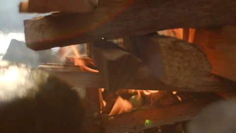 Close up of bonfire on background clean mountains river at early spring Stock Footage 303959714