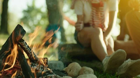 Close up of bonfire in camping on summer holidays Stock Footage 96244797