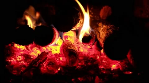 Close-up of a bonfire in the fireplace, hot red burning coals Stock Footage 166371648