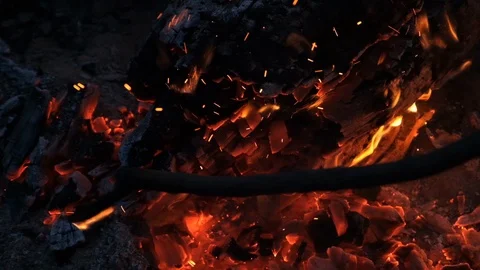 Close up bonfire flames of camping fire, Super slow motion burning firewood. Stock Footage 115054641