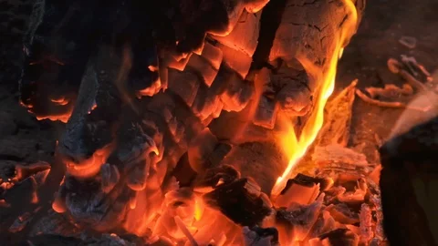 Close up bonfire flames of camping fire, Super slow motion burning firewood. Stock Footage 115057114