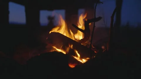 Close-up of bonfire in the forest at night. Campfire late in the evening. Stock Footage 277700914