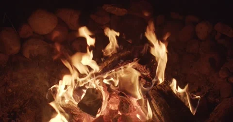 Close up bonfire logs burning outdoors on black night background. Orange fire Stock Footage 139997284
