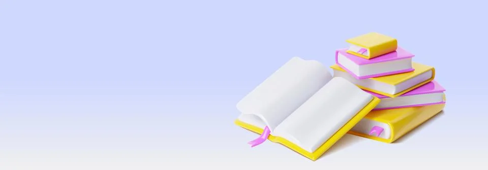 Close book stack with open one 3d Stock Illustration