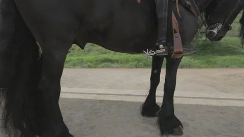Close up of the boot of a cowboy riding a black horse Stock Footage 159614321